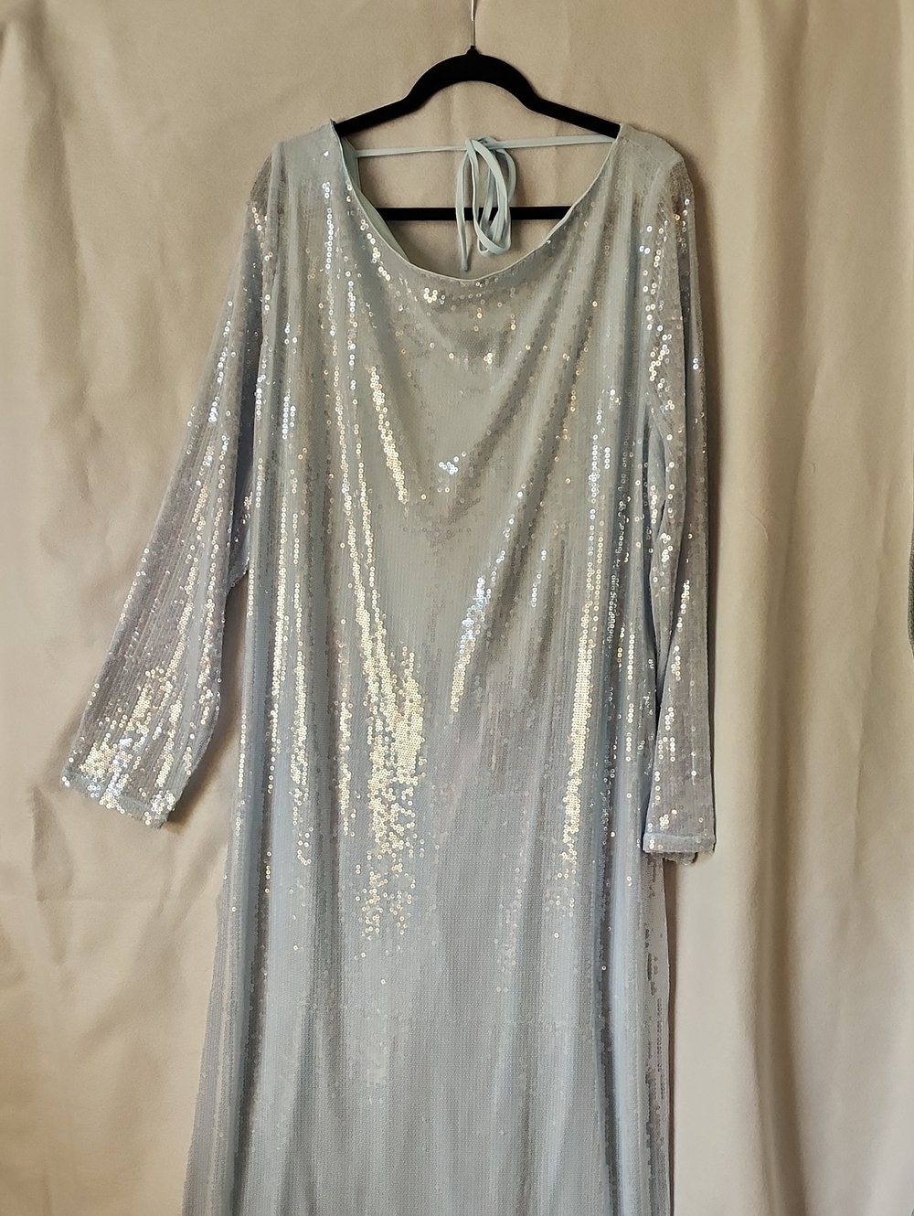 Ice Blue Sequin Long Sleeve Evening Dress. Low Back Size 24. NWT